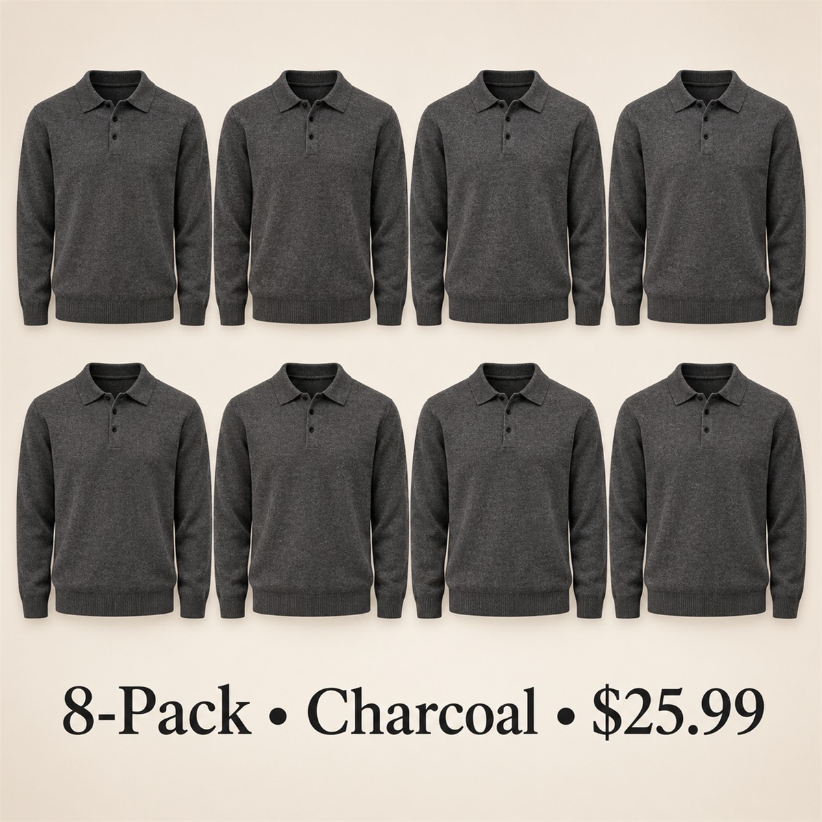 8-Pack - Charcoal Men's Soft-Knit Three-Button Polo Sweater 8-Packs