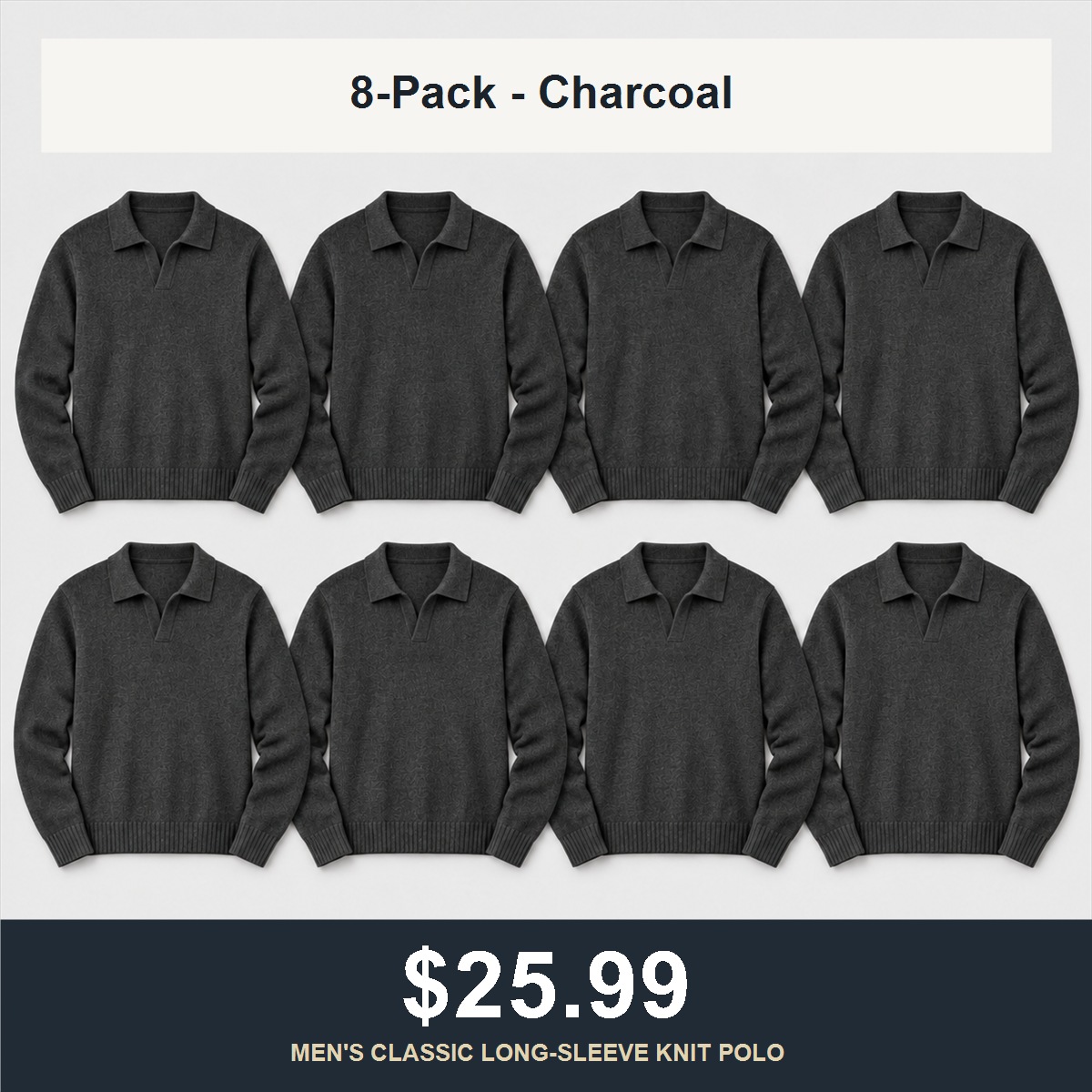 8-Pack - Charcoal Men's Classic Open-Collar Knit Polo Sweater 8-Packs