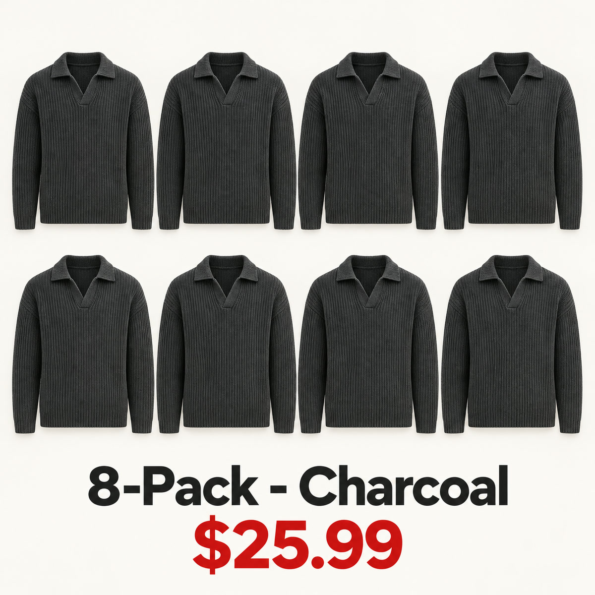8-Pack - Charcoal Men's Open-Collar Chunky-Knit Sweater 8-Packs