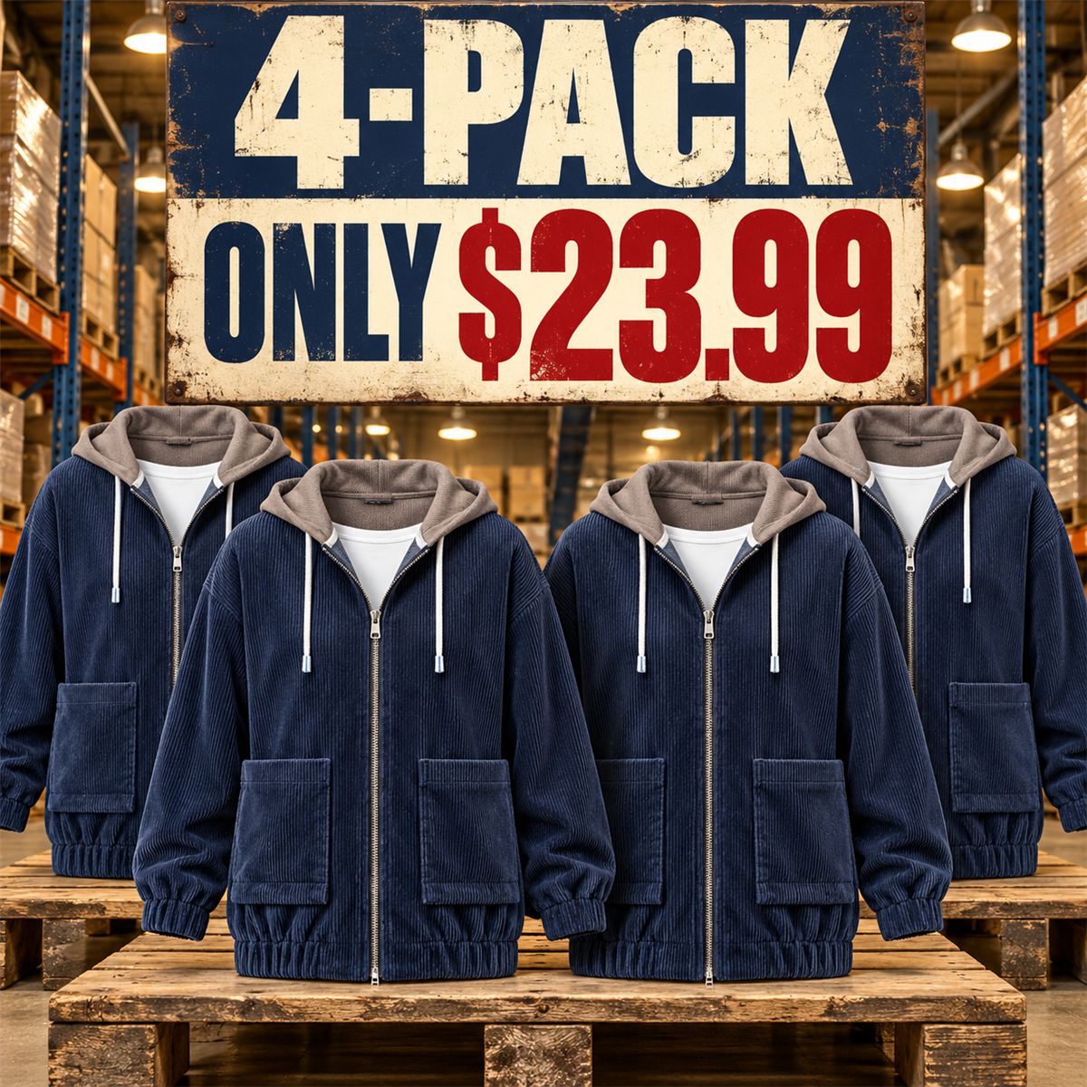 4-Pack - Navy Women's Relaxed Corduroy Hooded Utility Jacket Multipacks