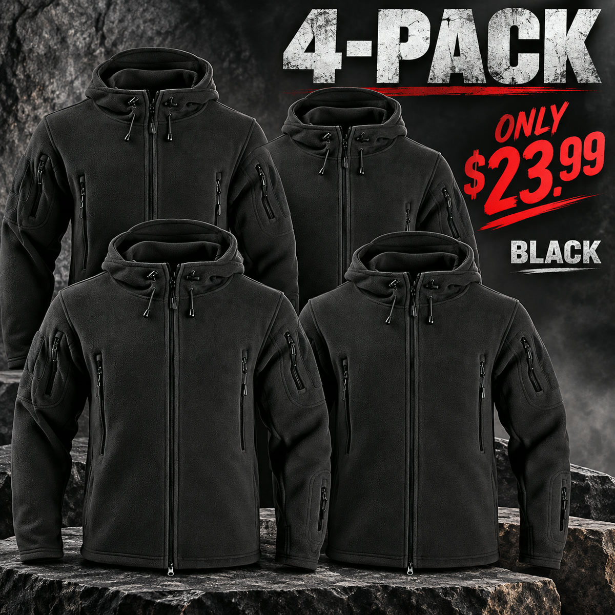 4-Pack - Black Men's Multi-Pocket Hooded Fleece Jacket Multipacks
