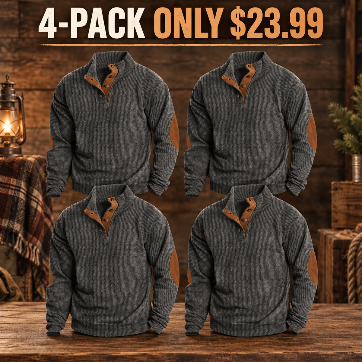4-Pack - Charcoal Men's Ribbed Mock-Neck Snap Pullover with Elbow Patches Multipacks