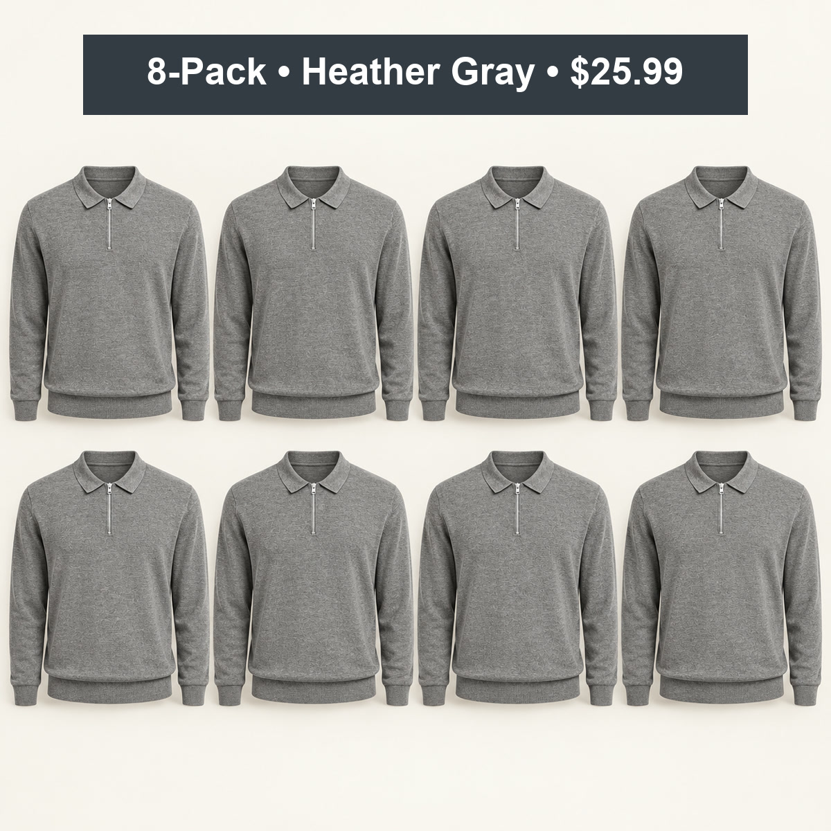 8-Pack - Heather Gray Men's Quarter-Zip Knit Polo Sweater 8-Packs