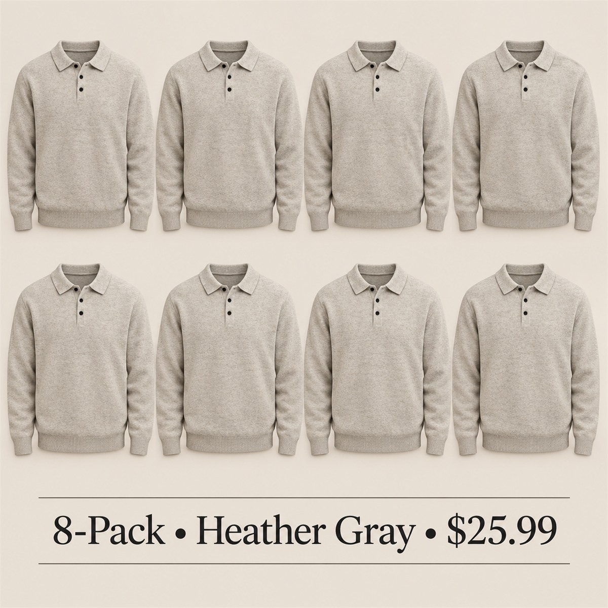 8-Pack - Heather Gray Men's Soft-Knit Three-Button Polo Sweater 8-Packs