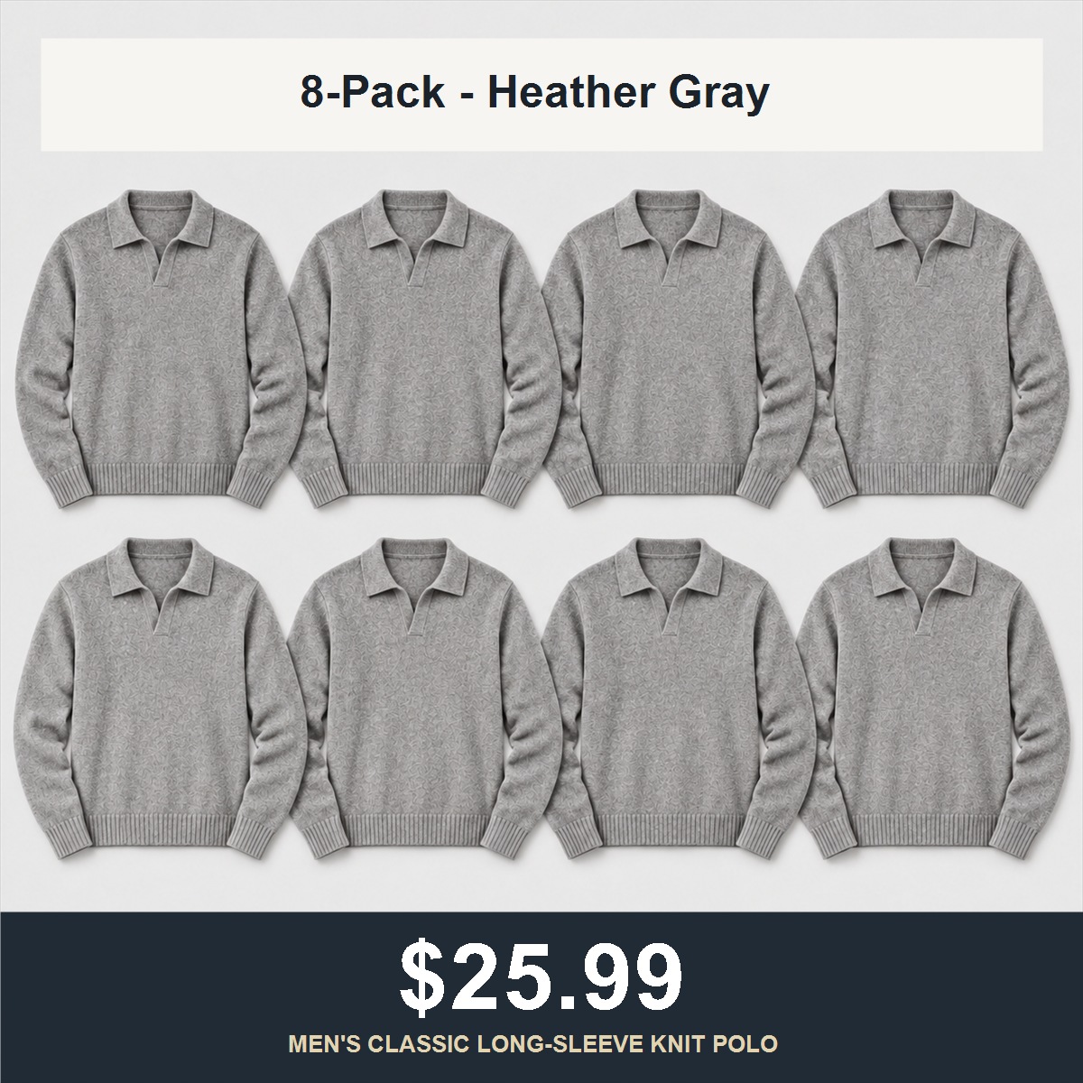 8-Pack - Heather Gray Men's Classic Open-Collar Knit Polo Sweater 8-Packs