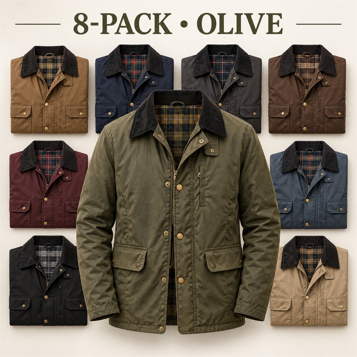 8-Pack - Olive Men's Contrast-Collar Field Jacket 8-Packs