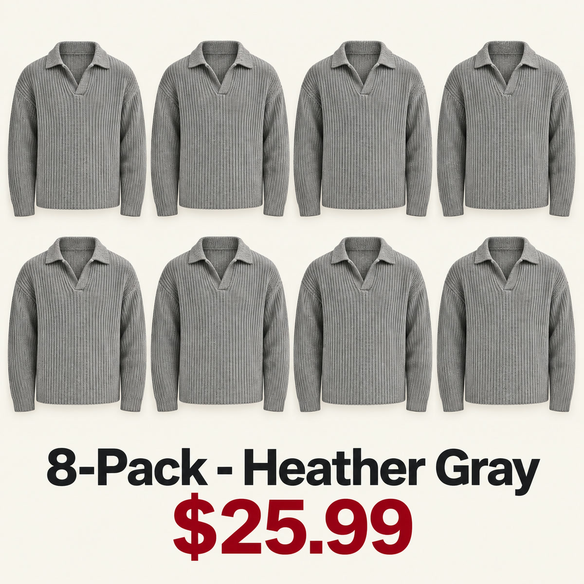 8-Pack - Heather Gray Men's Open-Collar Chunky-Knit Sweater 8-Packs