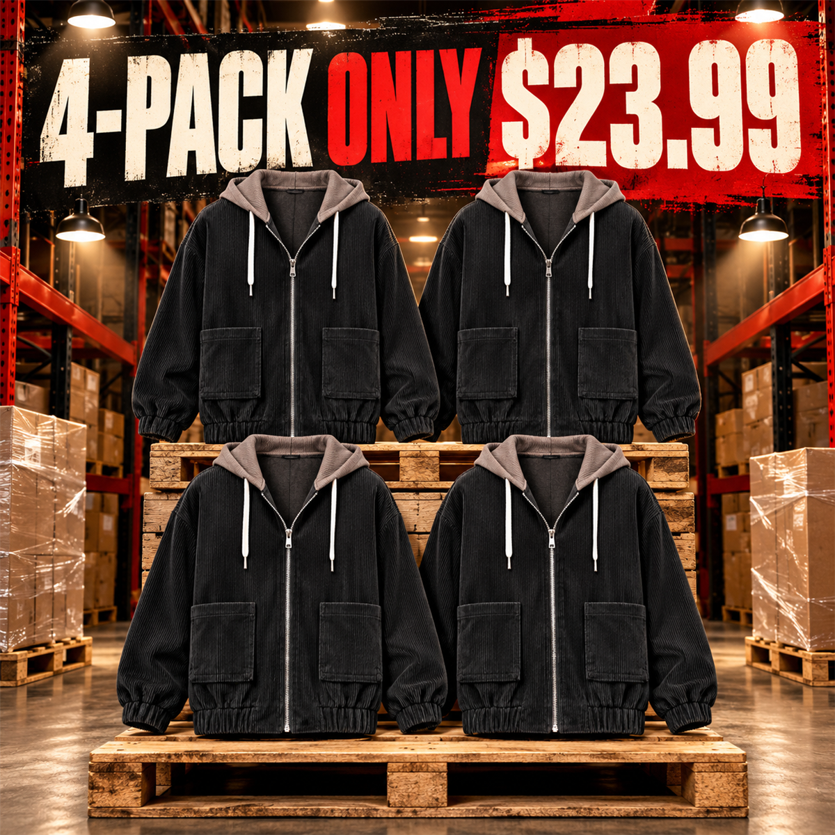 4-Pack - Black Women's Relaxed Corduroy Hooded Utility Jacket Multipacks