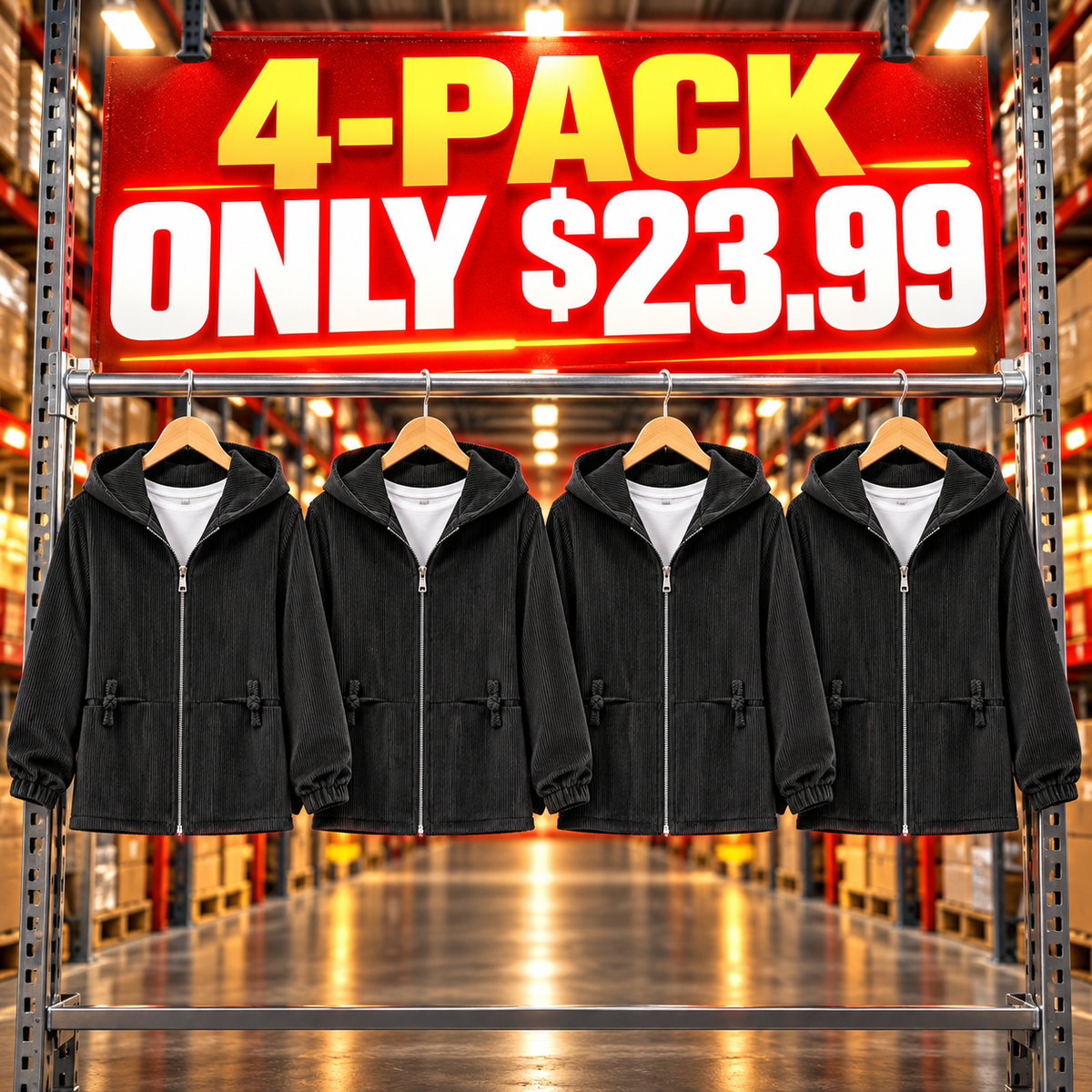 4-Pack - Black Women's Regular-Fit Corduroy Hooded Zip Jacket Multipacks