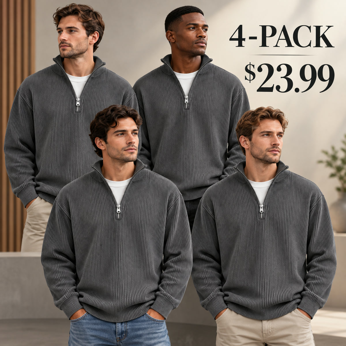 4-Pack - Charcoal Men's Ribbed Quarter-Zip Relaxed Pullover Multipacks