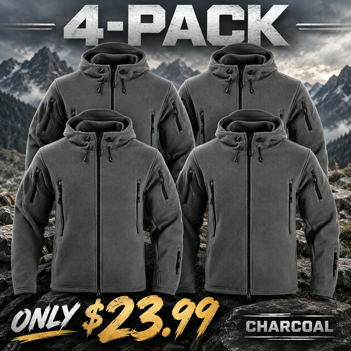 4-Pack - Charcoal Men's Multi-Pocket Hooded Fleece Jacket Multipacks