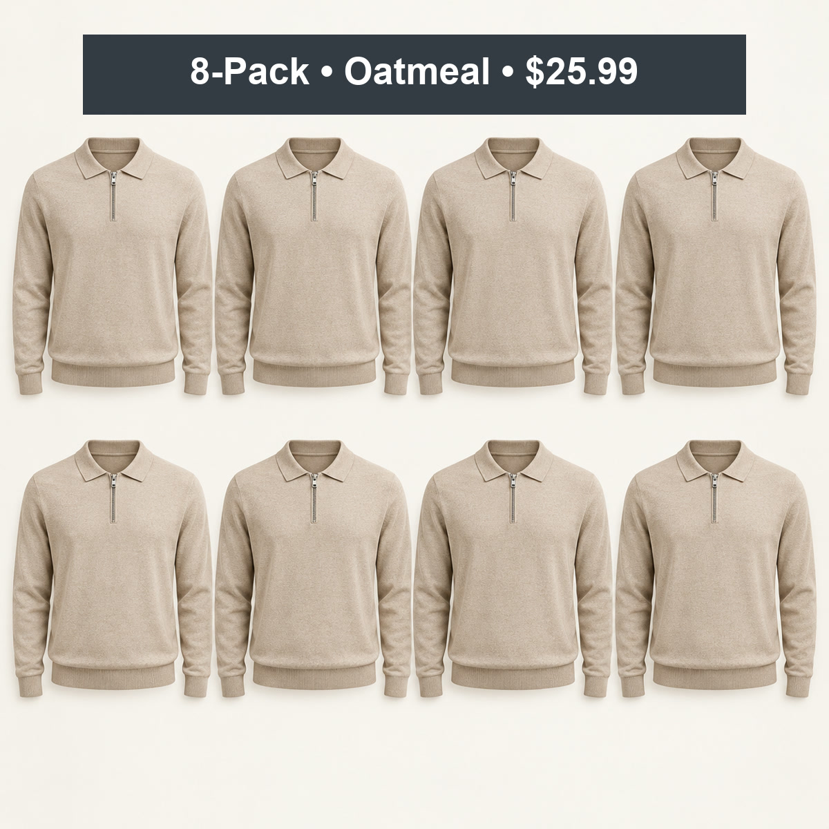 8-Pack - Oatmeal Men's Quarter-Zip Knit Polo Sweater 8-Packs