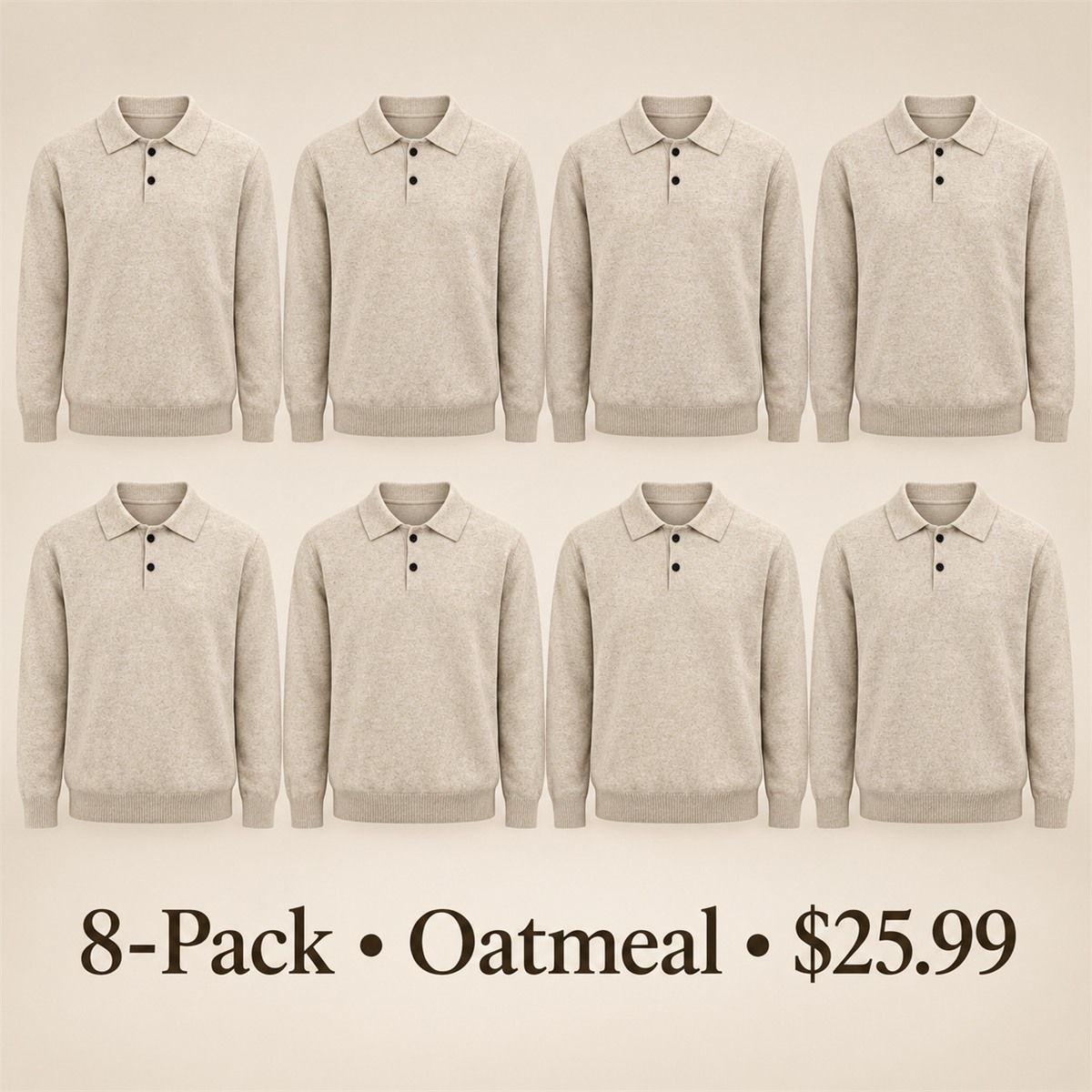 8-Pack - Oatmeal Men's Soft-Knit Three-Button Polo Sweater 8-Packs