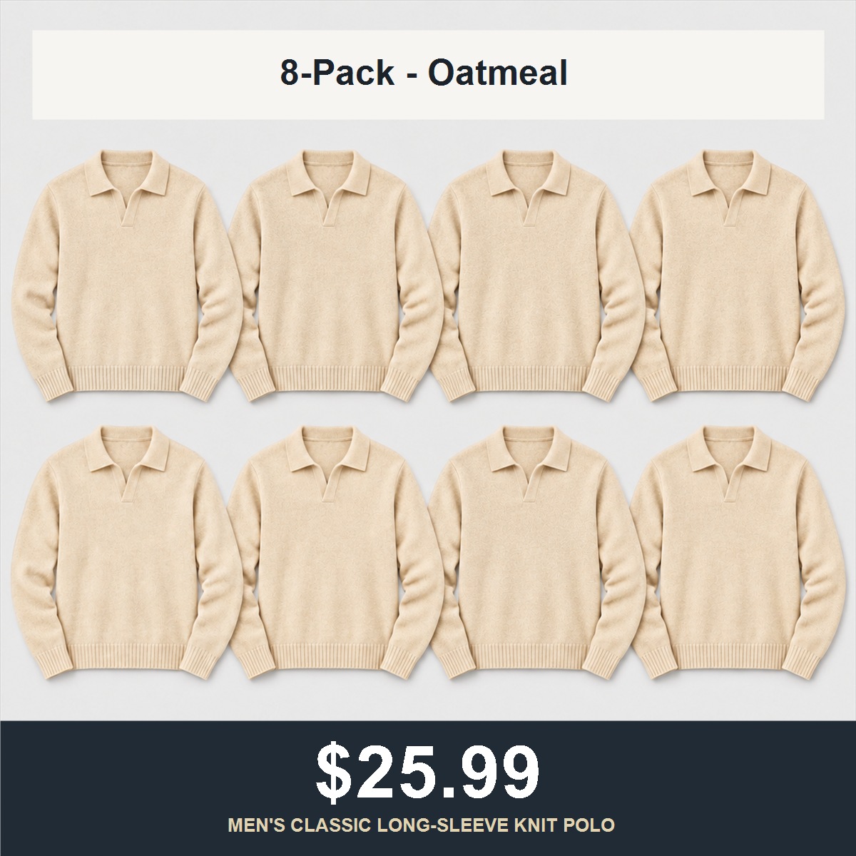 8-Pack - Oatmeal Men's Classic Open-Collar Knit Polo Sweater 8-Packs