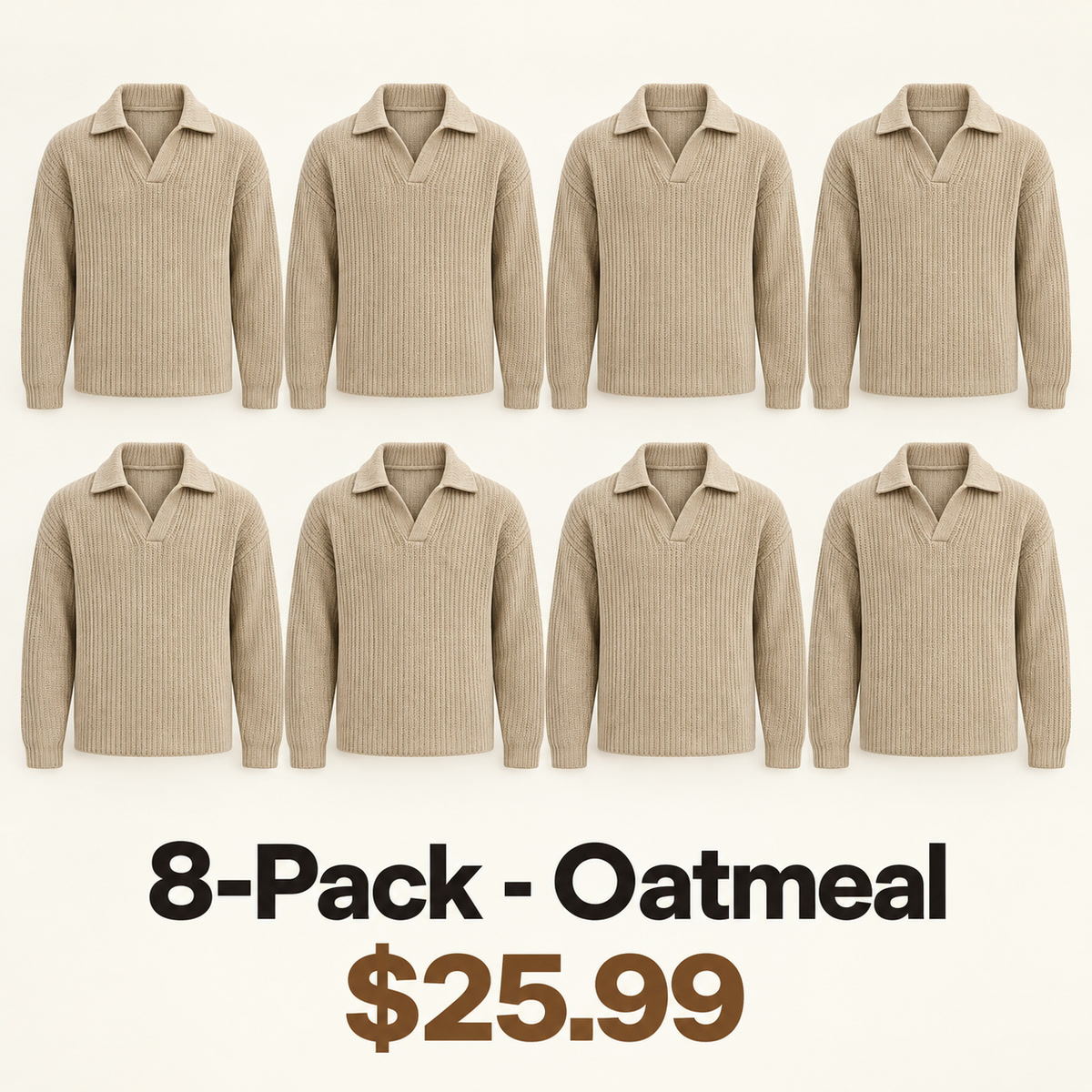 8-Pack - Oatmeal Men's Open-Collar Chunky-Knit Sweater 8-Packs