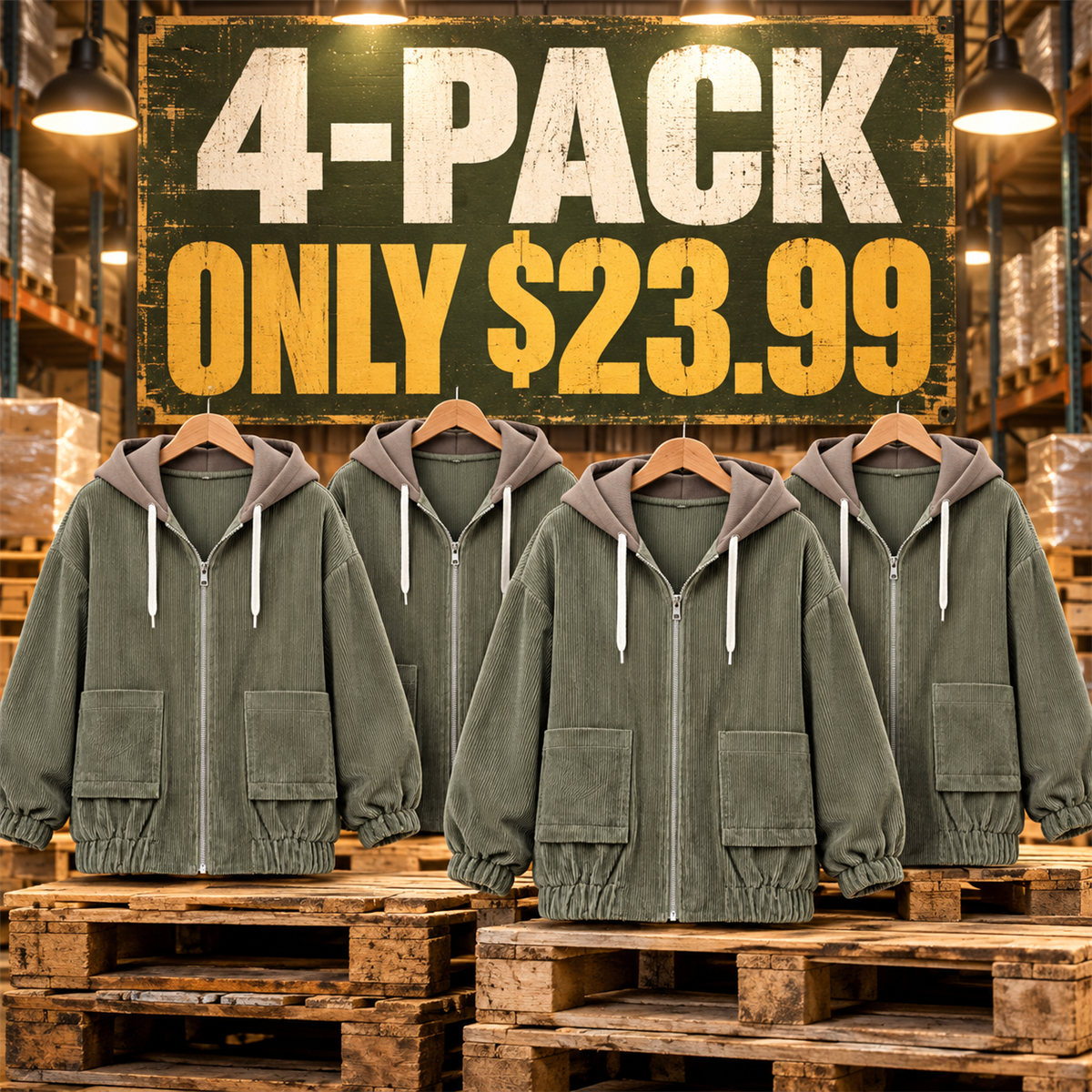 4-Pack - Olive Women's Relaxed Corduroy Hooded Utility Jacket Multipacks