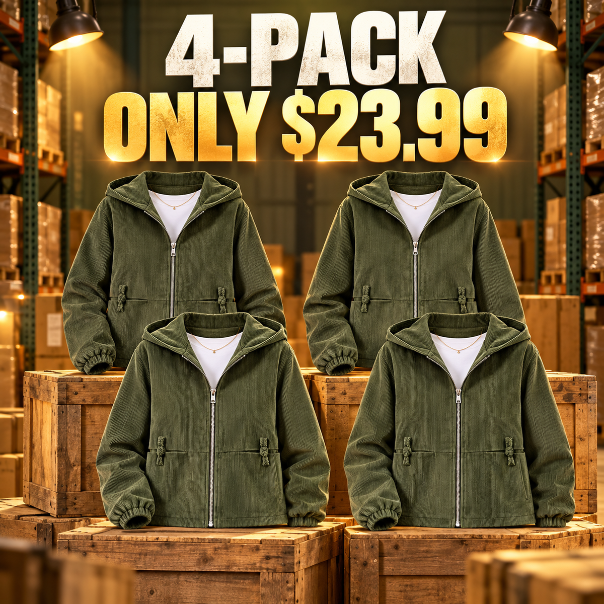 4-Pack - Olive Women's Regular-Fit Corduroy Hooded Zip Jacket Multipacks