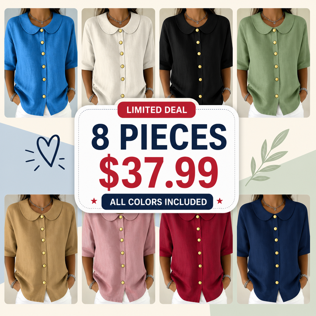 8-Pack - All 8 Colors - Women's Linen-Look Peter Pan Collar Short Sleeve Button Blouse