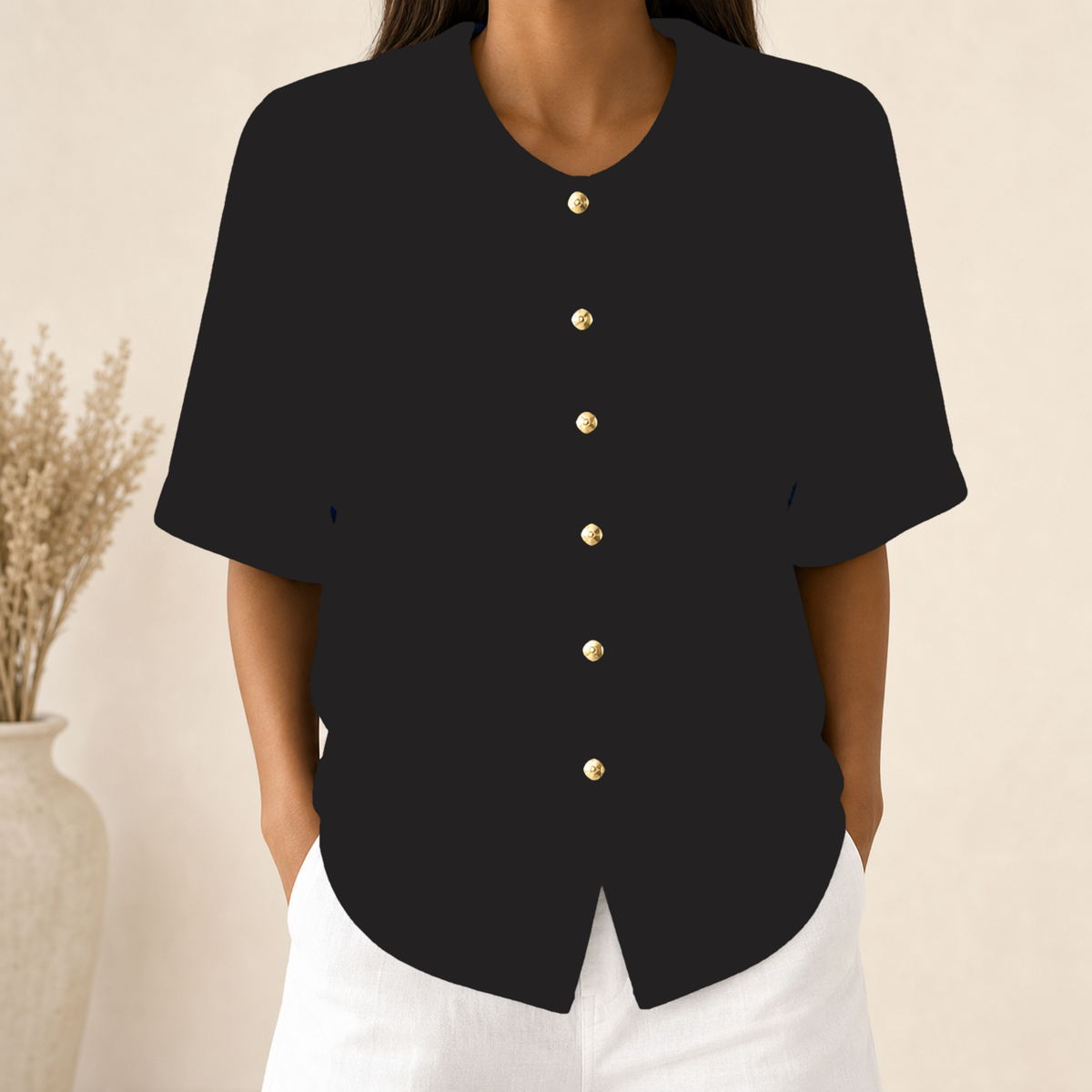 Black - Women's Linen-Look Peter Pan Collar Short Sleeve Button Blouse