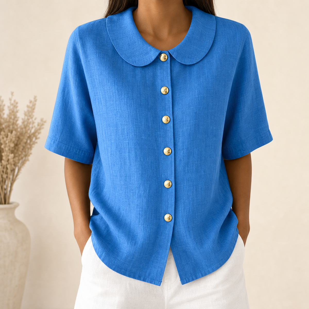 Blue - Women's Linen-Look Peter Pan Collar Short Sleeve Button Blouse