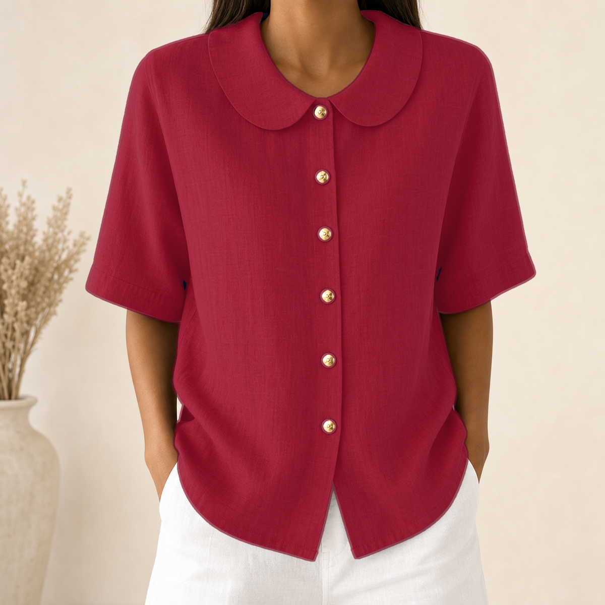Burgundy - Women's Linen-Look Peter Pan Collar Short Sleeve Button Blouse