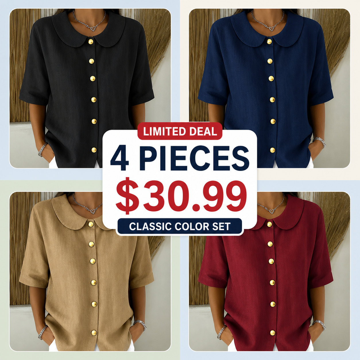Classic 4-Pack - Women's Linen-Look Peter Pan Collar Short Sleeve Button Blouse