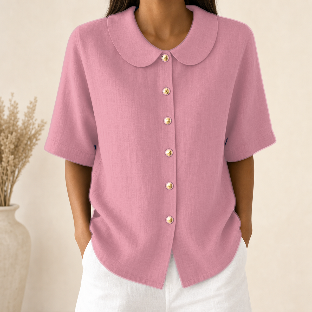 Dusty Pink - Women's Linen-Look Peter Pan Collar Short Sleeve Button Blouse