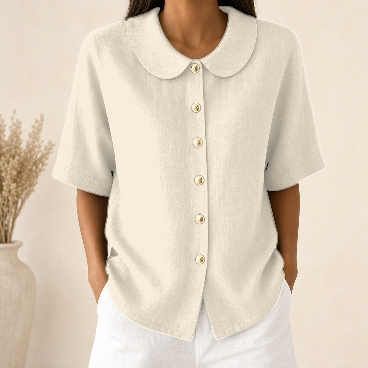 Ivory - Women's Linen-Look Peter Pan Collar Short Sleeve Button Blouse