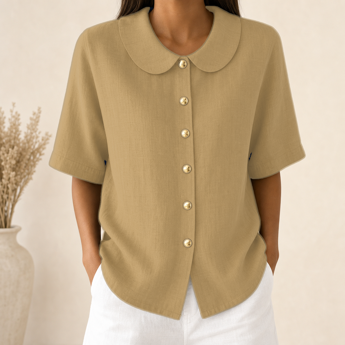 Khaki - Women's Linen-Look Peter Pan Collar Short Sleeve Button Blouse