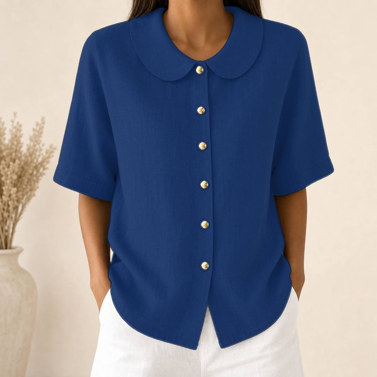 Navy - Women's Linen-Look Peter Pan Collar Short Sleeve Button Blouse
