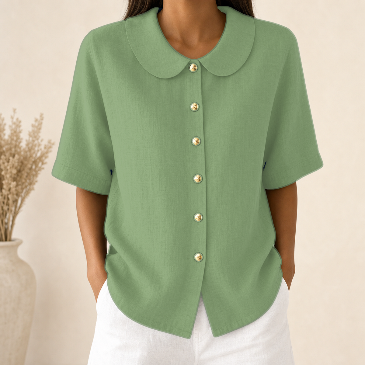 Sage Green - Women's Linen-Look Peter Pan Collar Short Sleeve Button Blouse