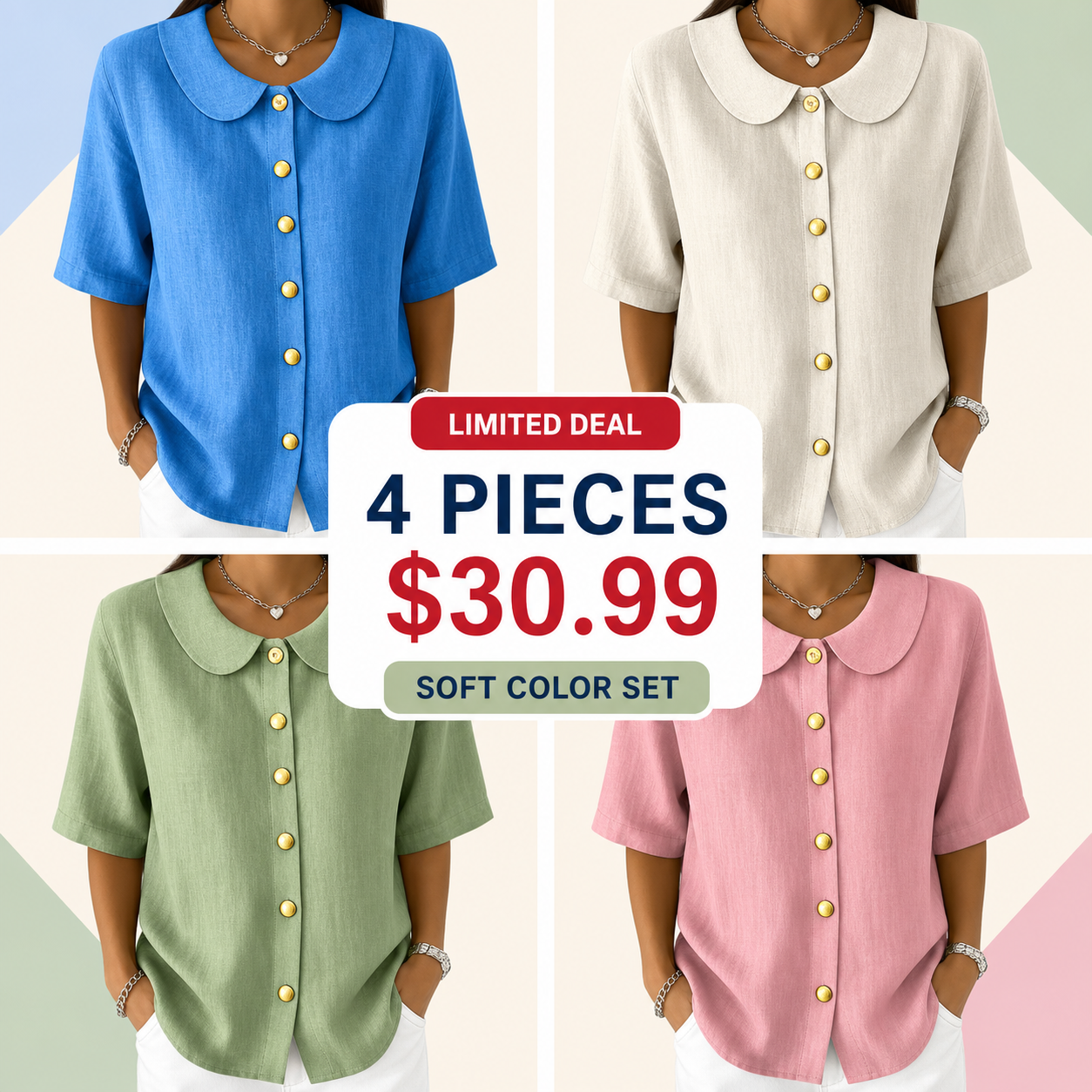 Soft 4-Pack - Women's Linen-Look Peter Pan Collar Short Sleeve Button Blouse