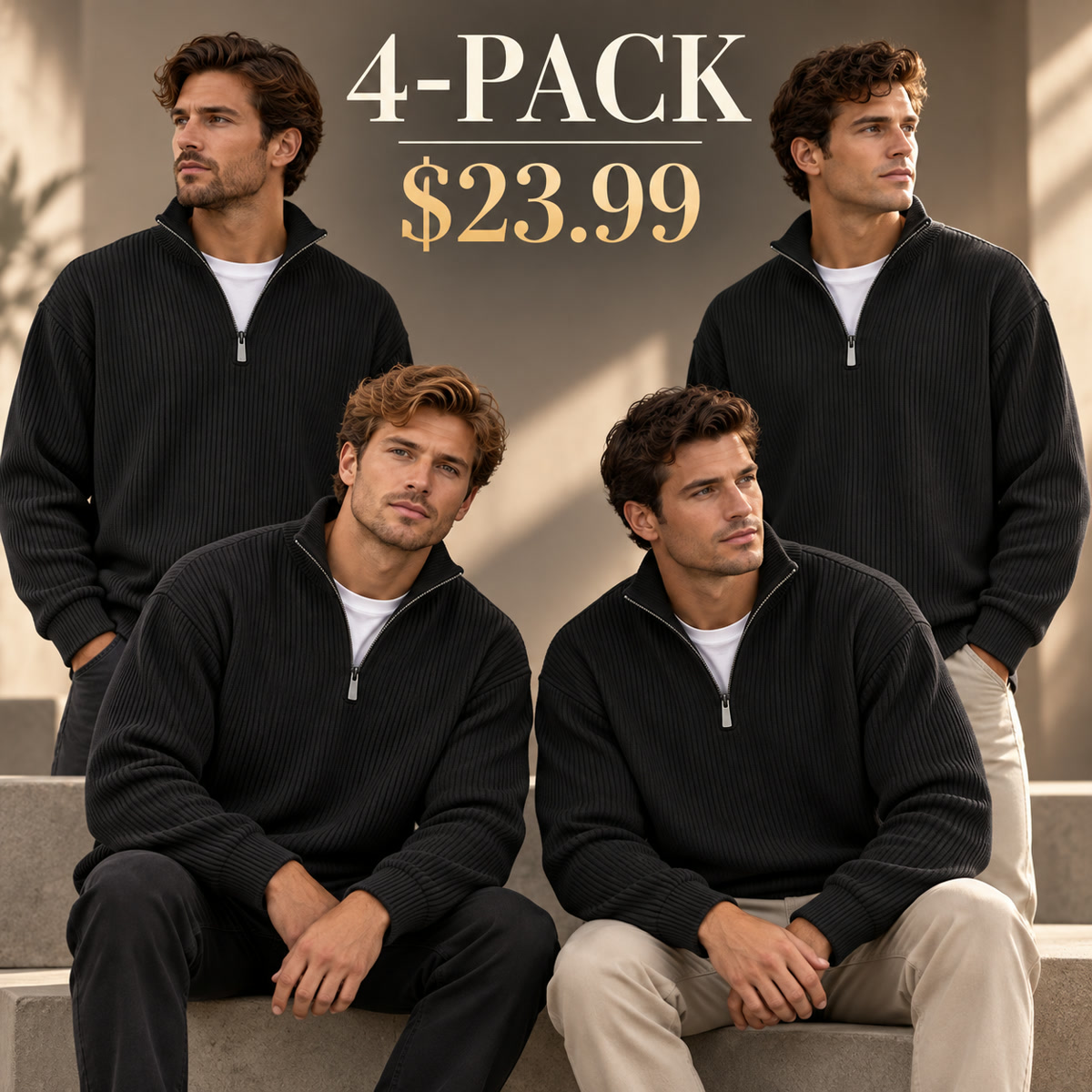 4-Pack - Black Men's Ribbed Quarter-Zip Relaxed Pullover Multipacks