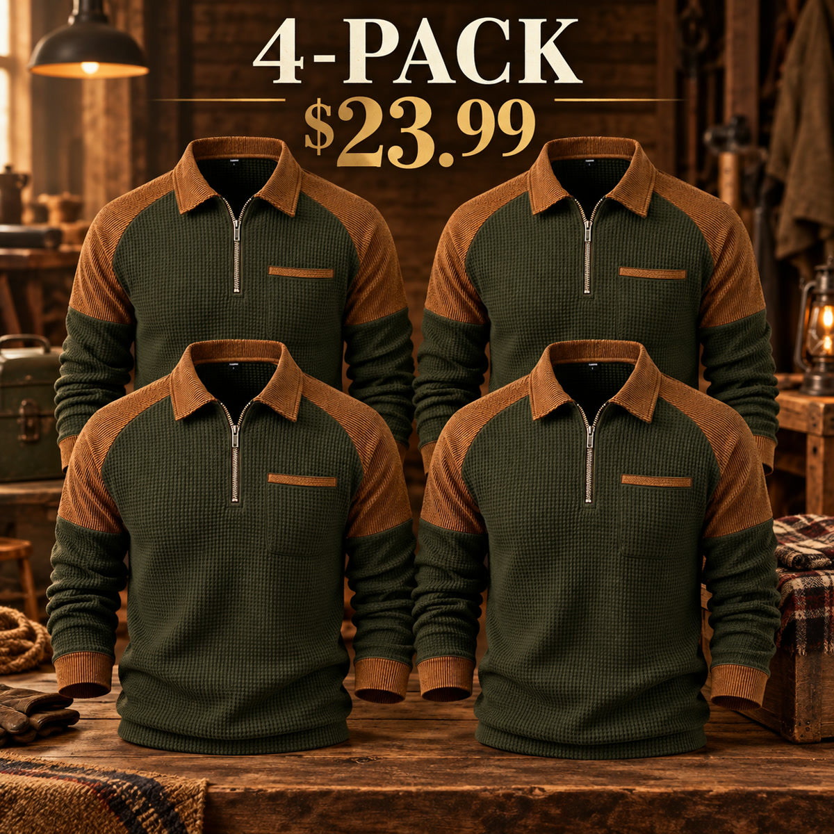 4-Pack - Olive/Brown Men's Contrast-Yoke Waffle-Knit Quarter-Zip Pullover Multipacks