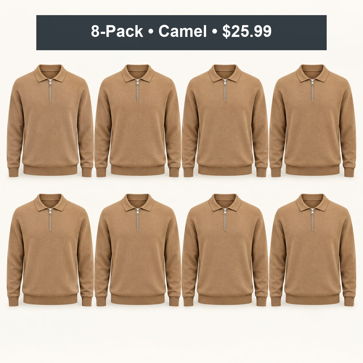 8-Pack - Camel Men's Quarter-Zip Knit Polo Sweater 8-Packs