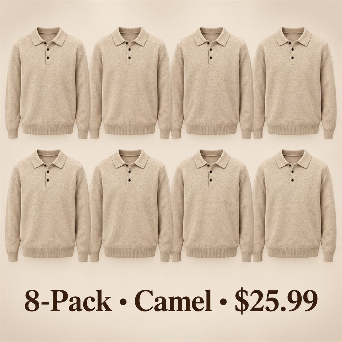 8-Pack - Camel Men's Soft-Knit Three-Button Polo Sweater 8-Packs