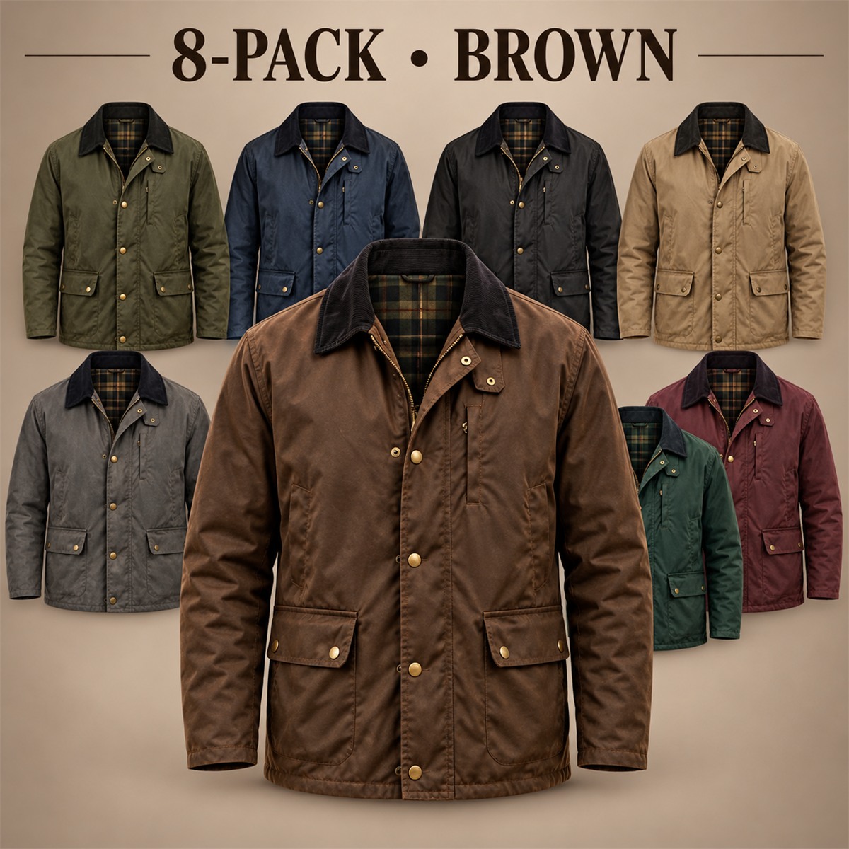 8-Pack - Brown Men's Contrast-Collar Field Jacket 8-Packs