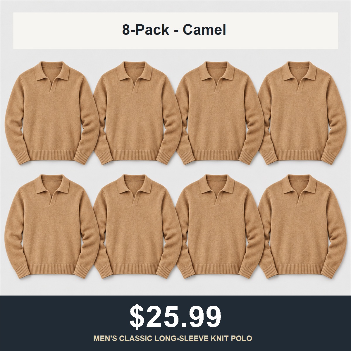 8-Pack - Camel Men's Classic Open-Collar Knit Polo Sweater 8-Packs