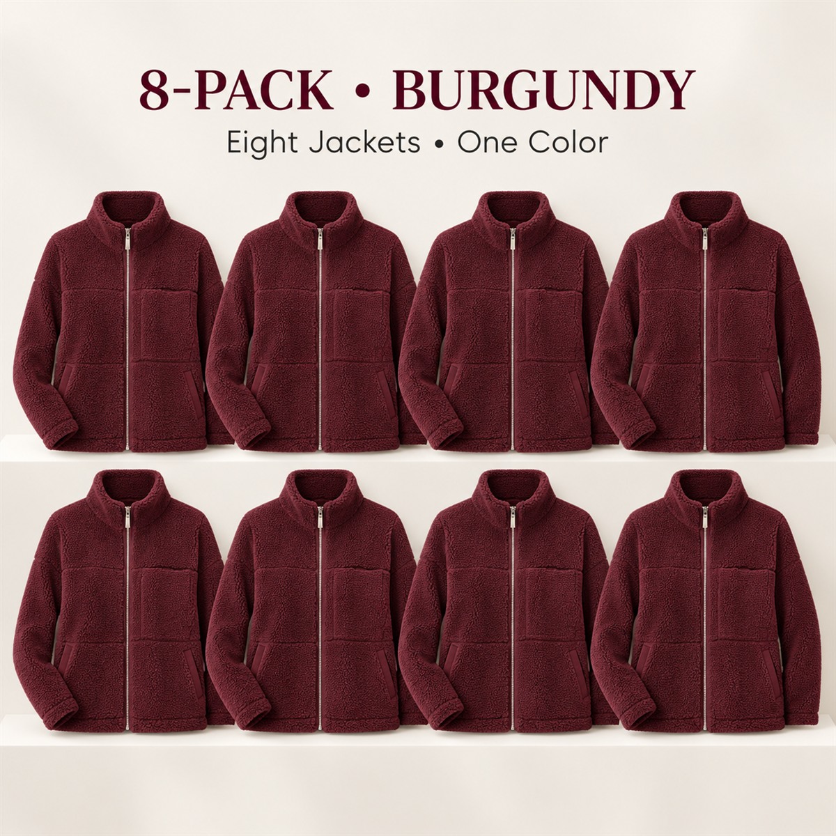 8-Pack - Burgundy Women's Sherpa-Look Zip Jacket 8-Packs