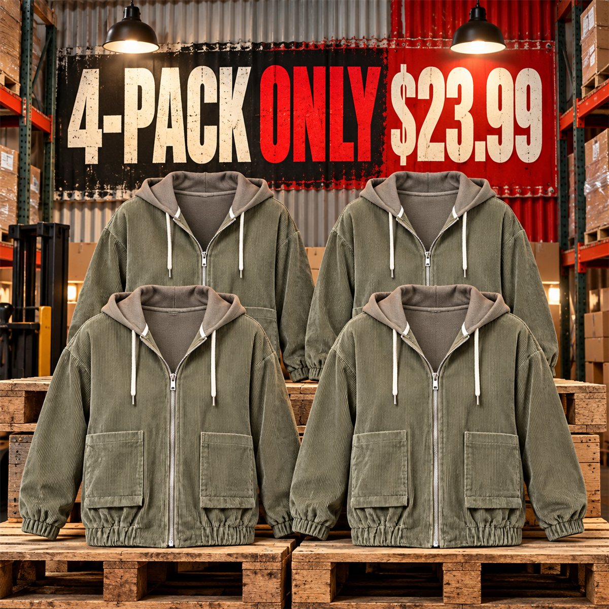 4-Pack - Khaki Women's Relaxed Corduroy Hooded Utility Jacket Multipacks