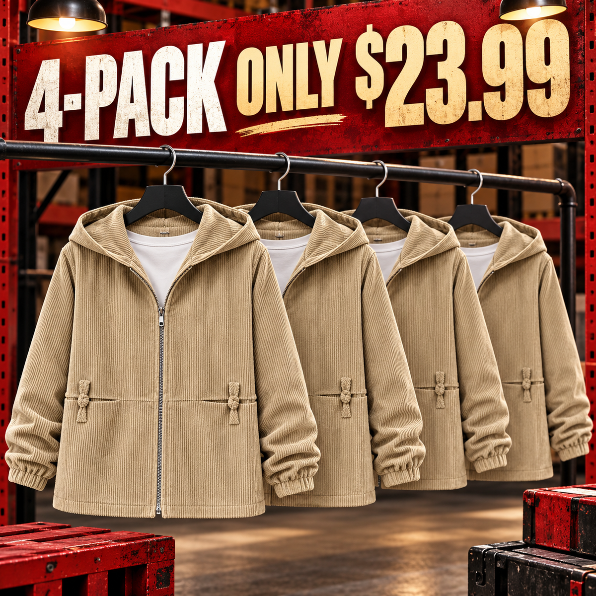 4-Pack - Khaki Women's Regular-Fit Corduroy Hooded Zip Jacket Multipacks