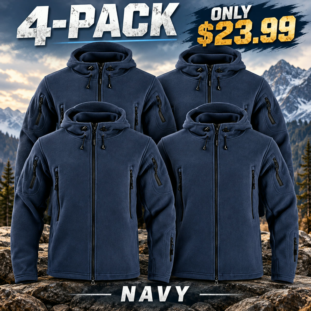 4-Pack - Navy Men's Multi-Pocket Hooded Fleece Jacket Multipacks