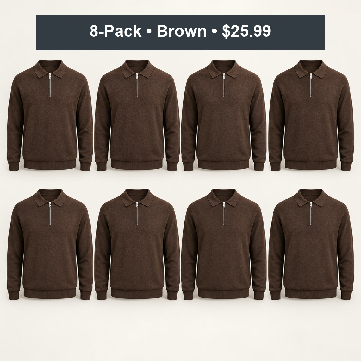 8-Pack - Brown Men's Quarter-Zip Knit Polo Sweater 8-Packs