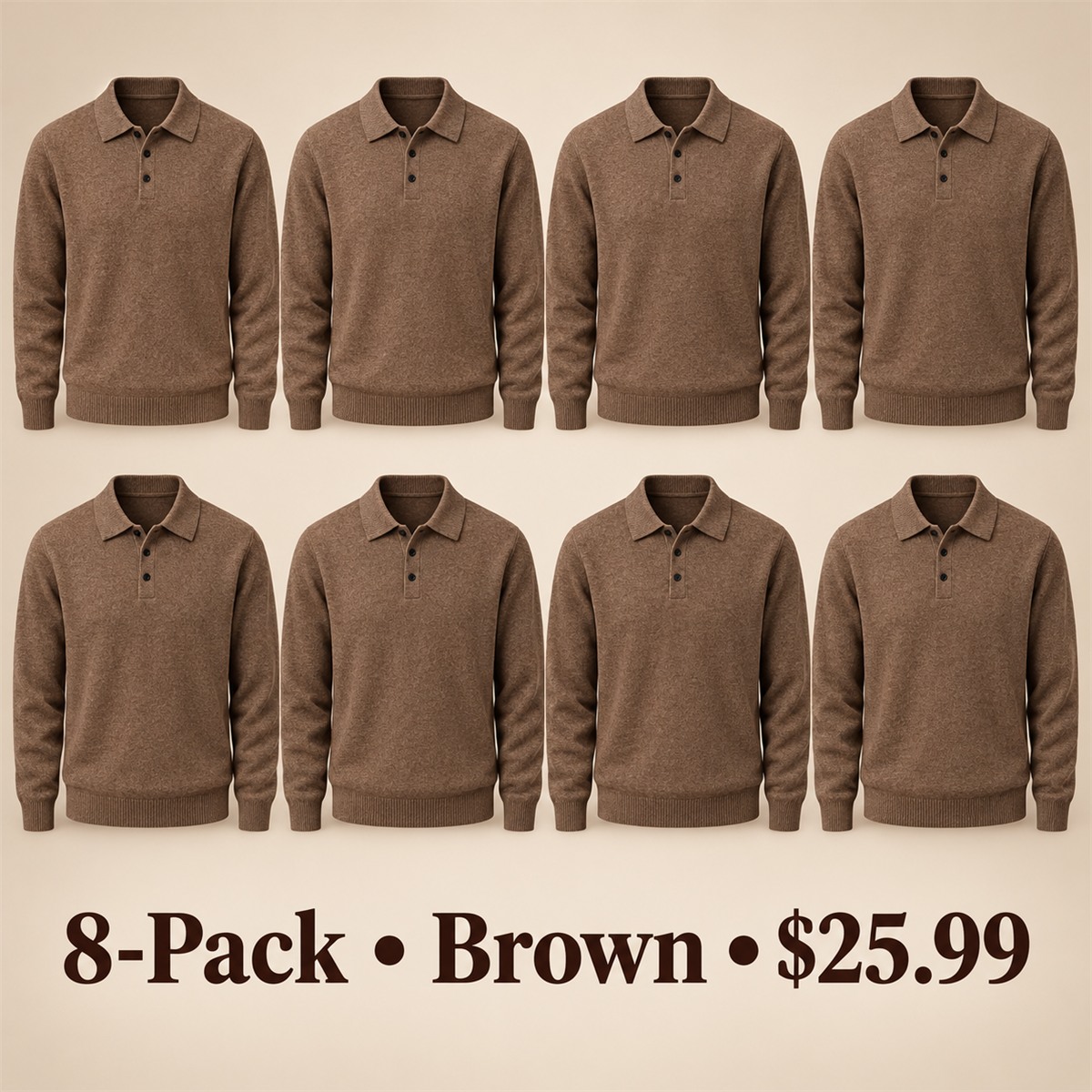 8-Pack - Brown Men's Soft-Knit Three-Button Polo Sweater 8-Packs