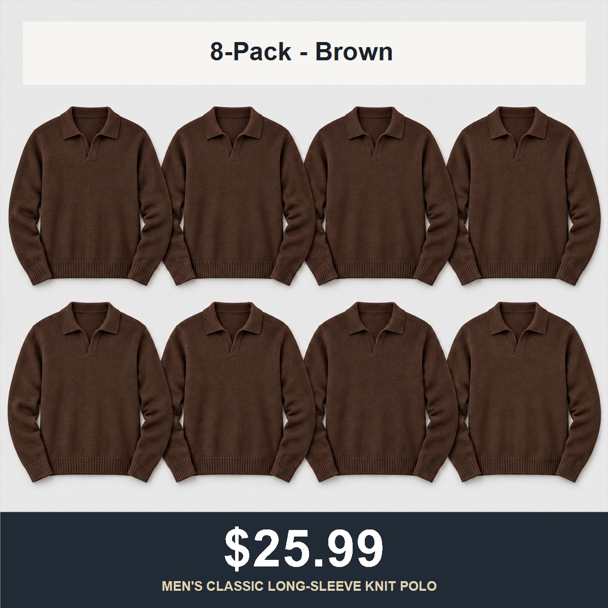 8-Pack - Brown Men's Classic Open-Collar Knit Polo Sweater 8-Packs
