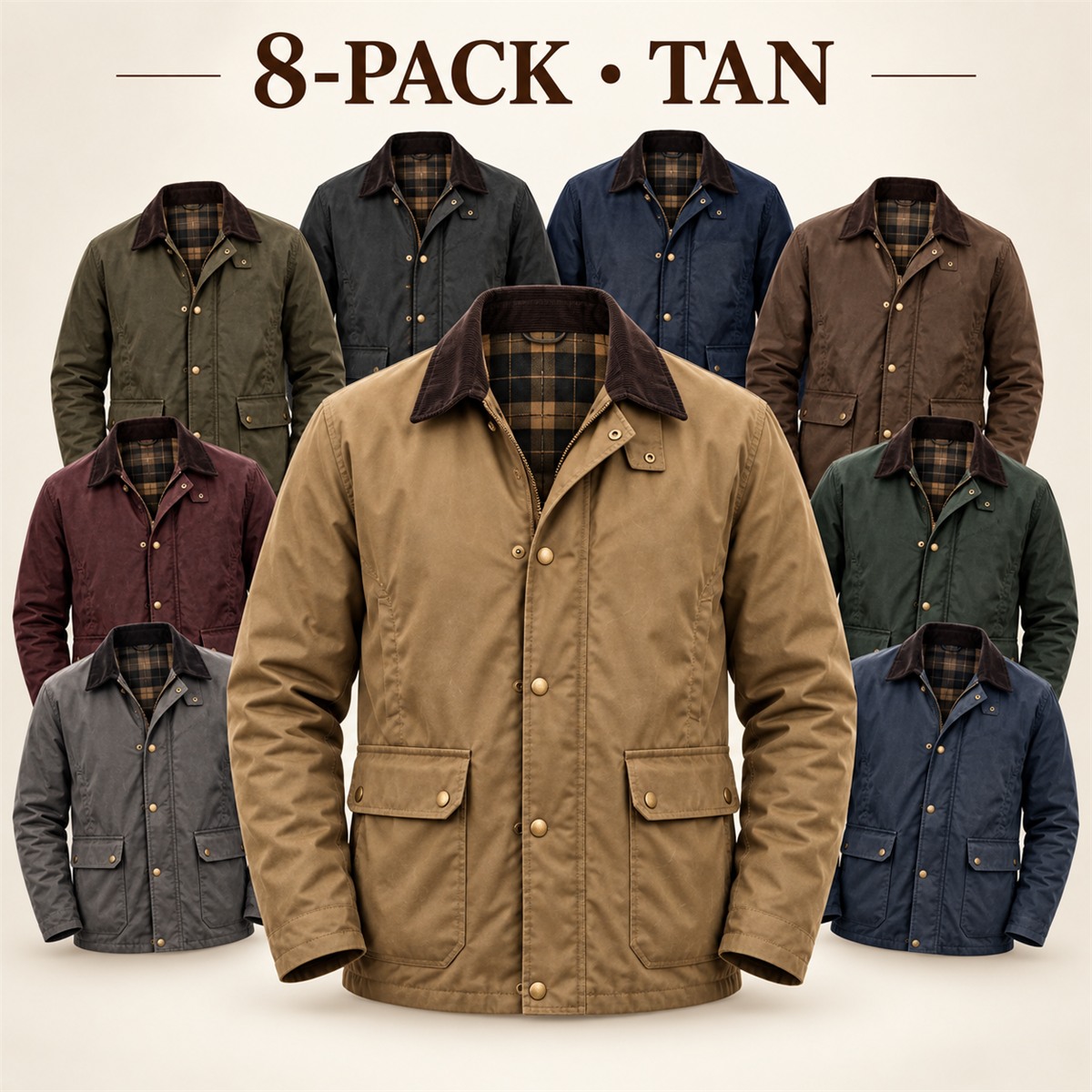 8-Pack - Tan Men's Contrast-Collar Field Jacket 8-Packs