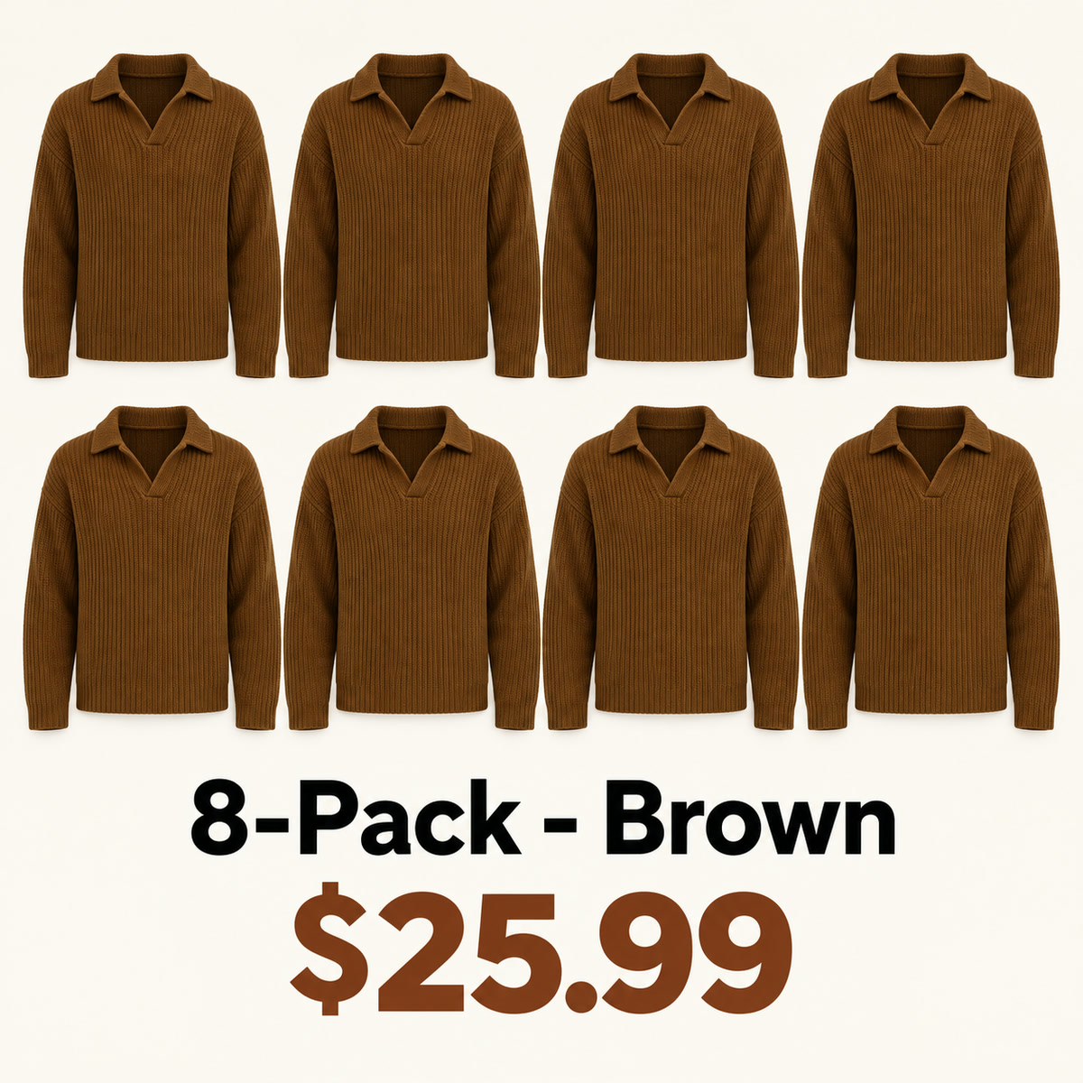 8-Pack - Brown Men's Open-Collar Chunky-Knit Sweater 8-Packs