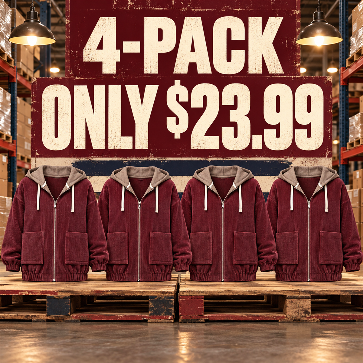 4-Pack - Burgundy Women's Relaxed Corduroy Hooded Utility Jacket Multipacks