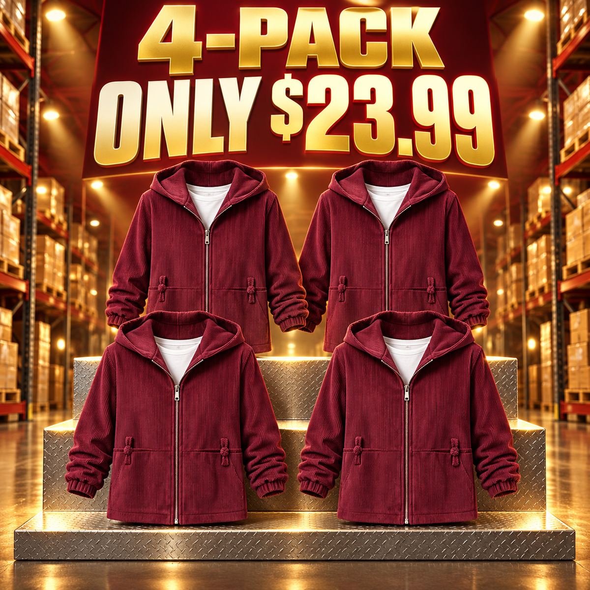 4-Pack - Burgundy Women's Regular-Fit Corduroy Hooded Zip Jacket Multipacks