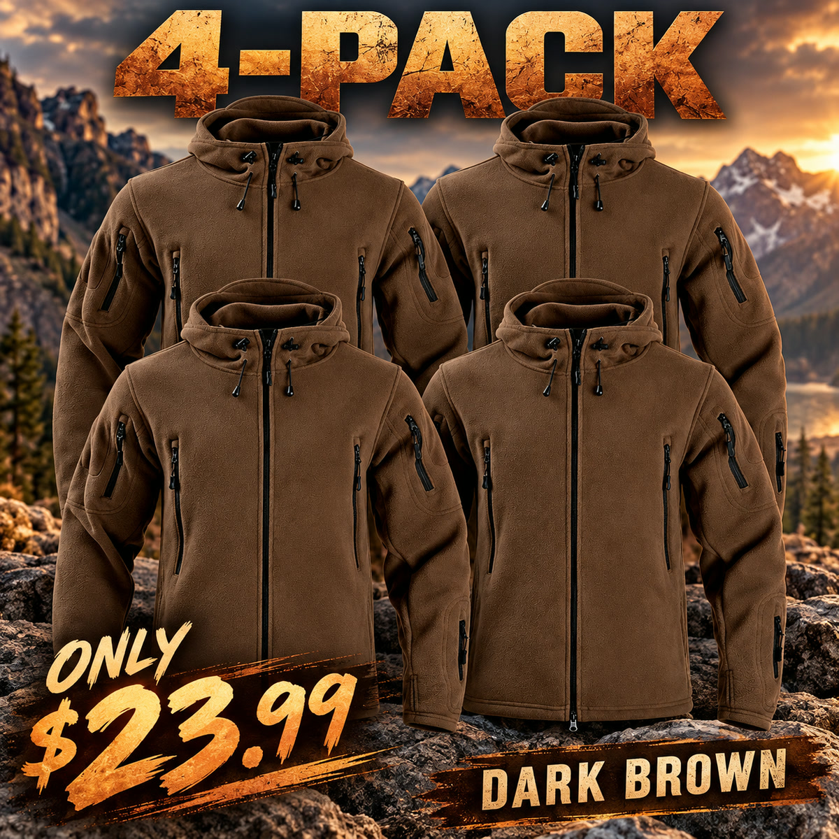 4-Pack - Dark Brown Men's Multi-Pocket Hooded Fleece Jacket Multipacks